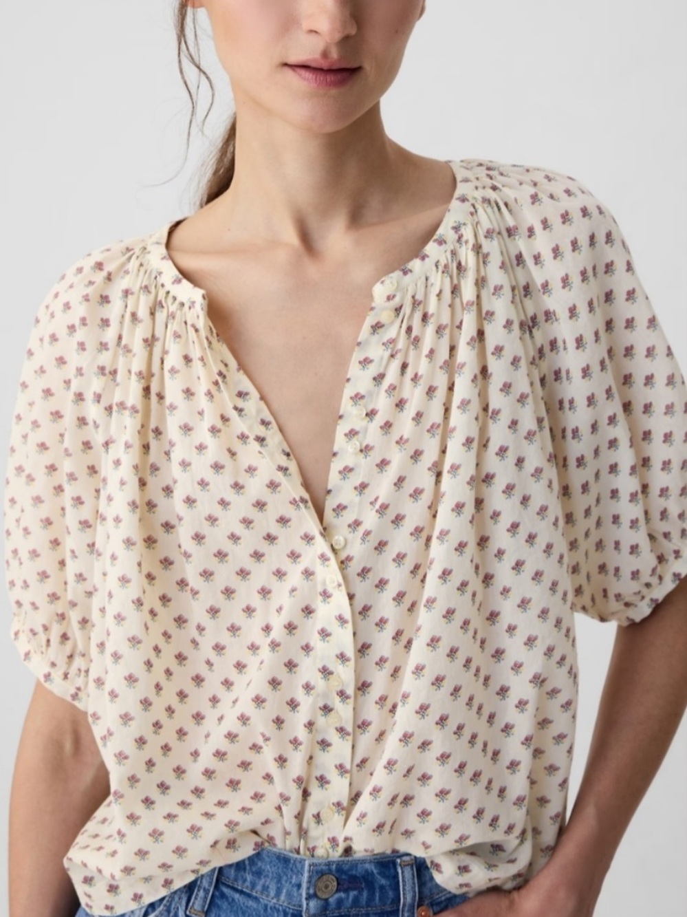 DÔEN x GAP Cream Floral Short Sleeve Blouse, Size XS - Picture 4 of 8